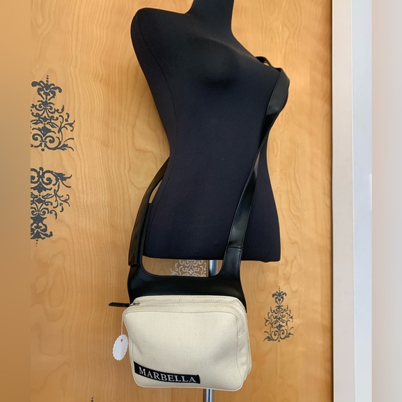 Vintage 90s Designer Marbella Cotton Shoulder Bag Leather Adjustable Strap - Picture 15 of 17